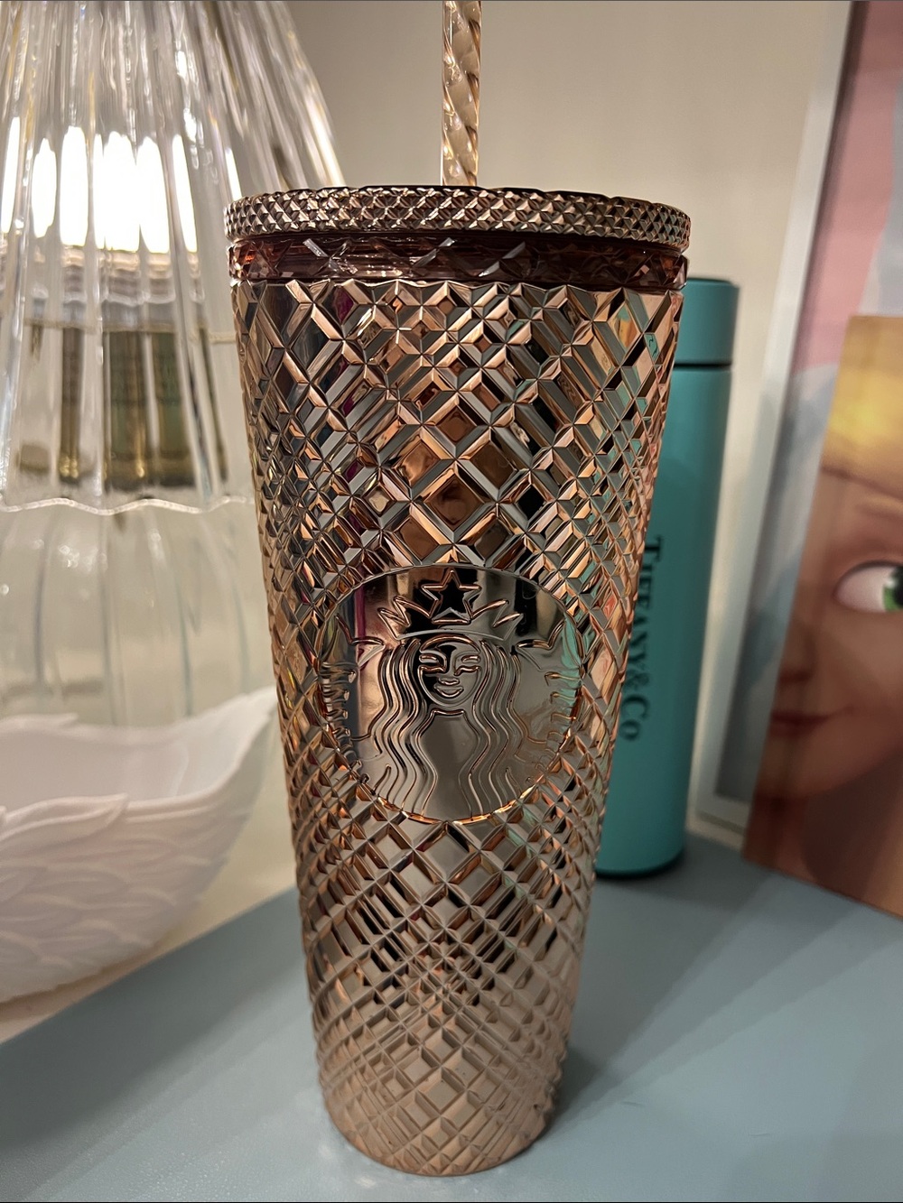 Starbucks Metallic Rose Gold Faceted Tumbler with Twisted Straw